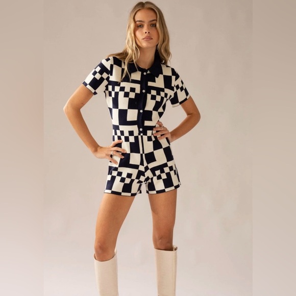Peppermayo Navy Blue and White Checkered Romper 70's Vibe S/M - Picture 1 of 9